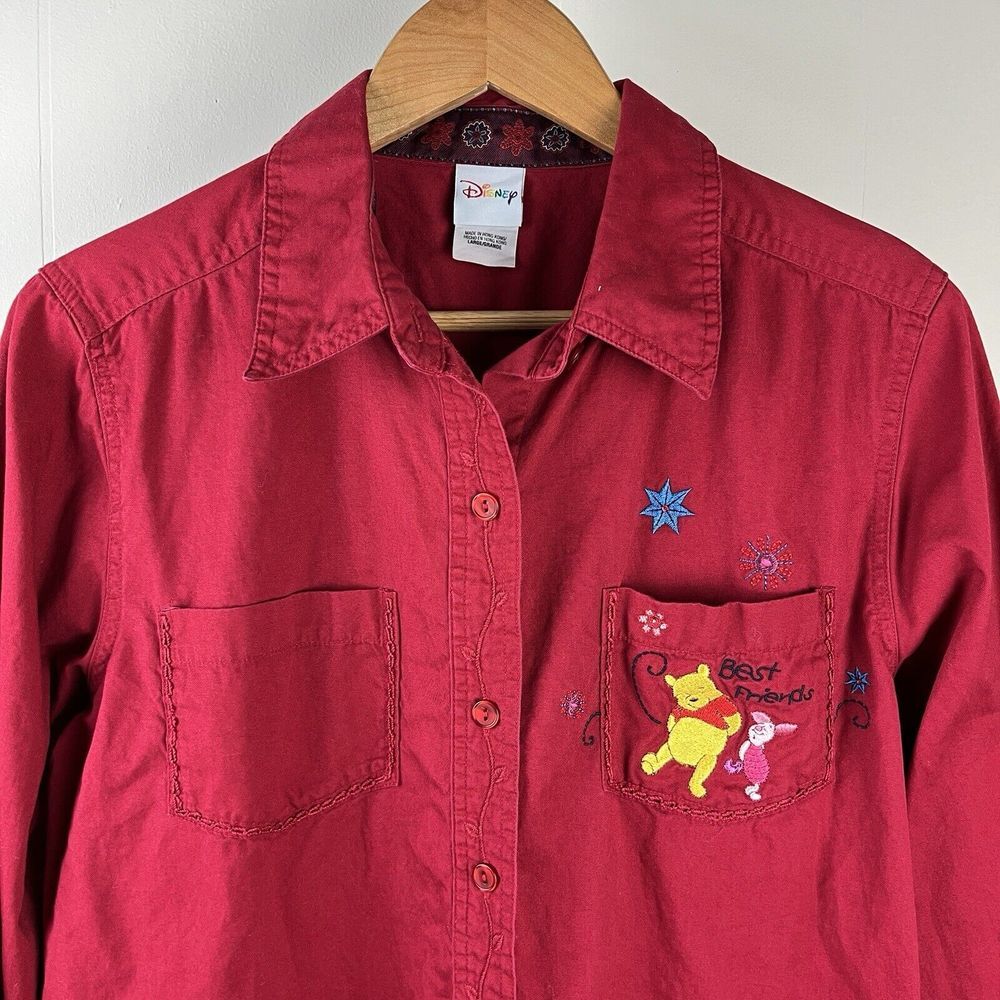 Disney Pooh Tigger Best Friends Top Shirt Button Up Red Embroidered Womens Large